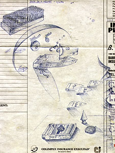 Duck in a Helmet (doodles, Pen on desk pad, 1984-06-11, Table Mountain)