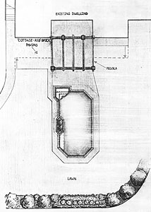 Pergola Pool (plan view) (plans, Pens, color highlighters, and color pencils on drafting paper, 1988-09-??)