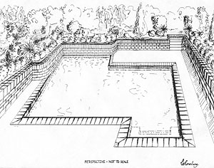 Pool Perspective 1 (plans, Pens, color highlighters, and color pencils on drafting paper, 1988-09-??)