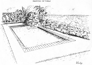 Pool Perspective 2 (plans, Pens, color highlighters, and color pencils on drafting paper, 1988-09-??)